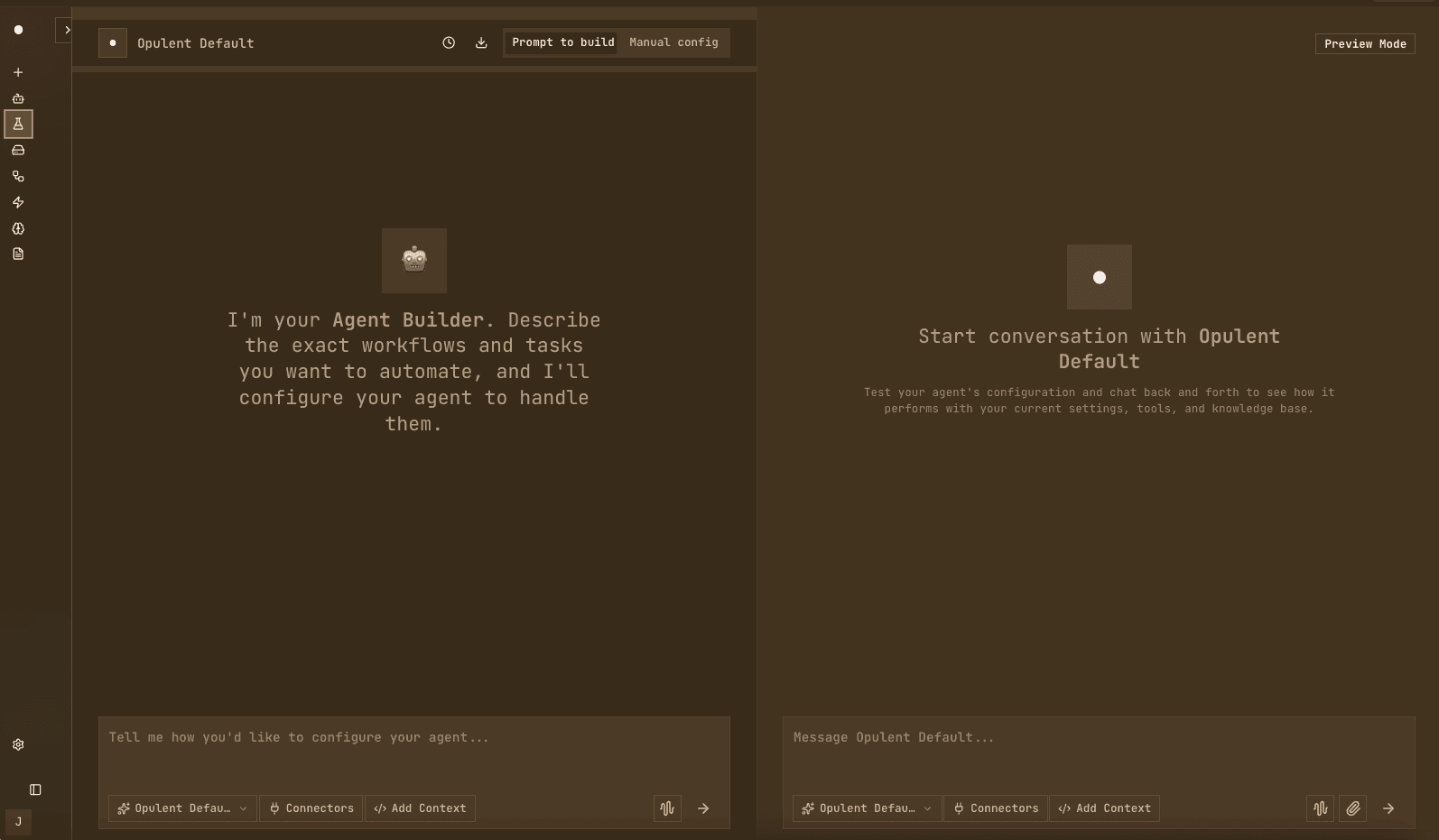 Opulent Agent Builder with Prompt to Build and Preview Mode
