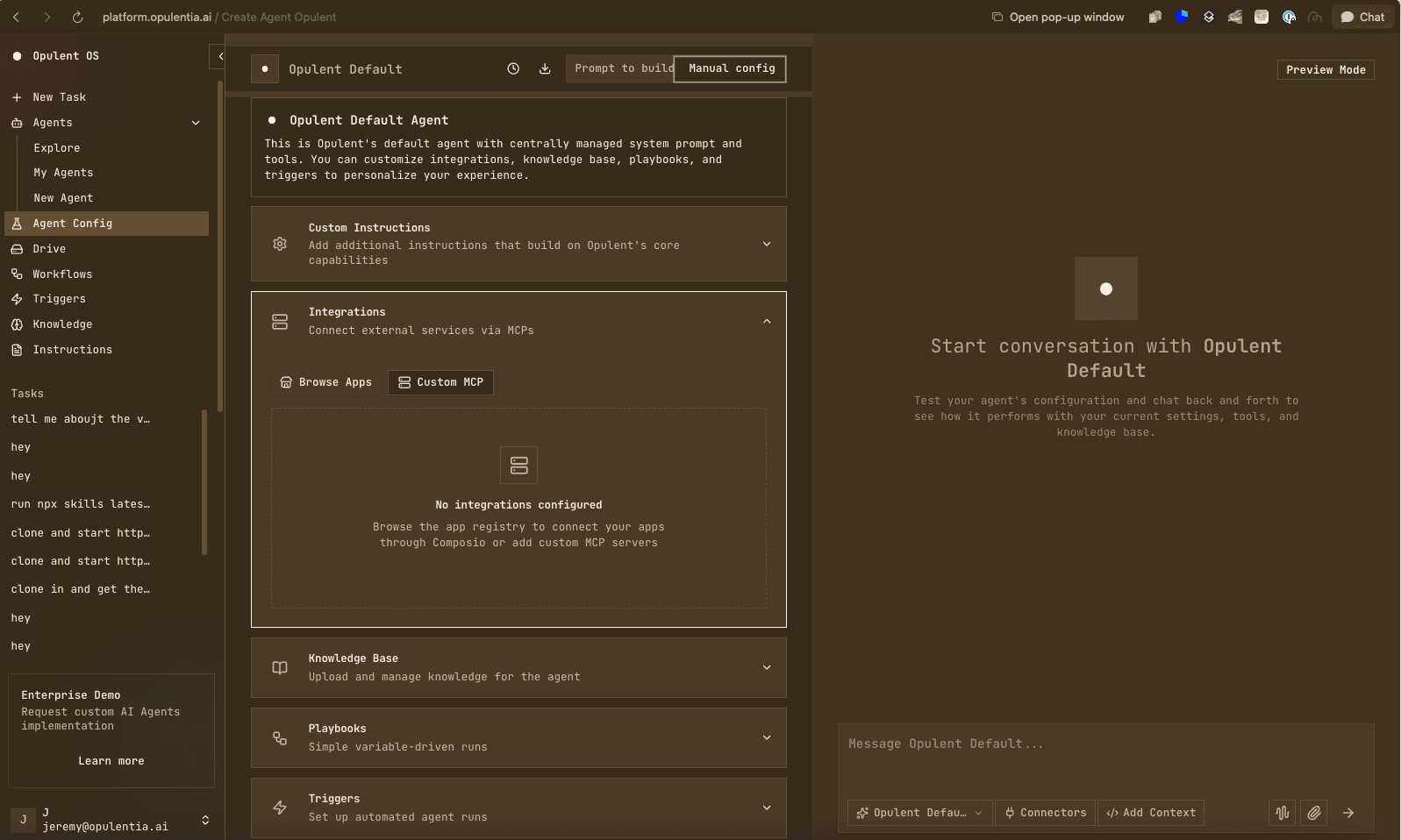Opulent Agent Configuration with Integrations and Knowledge Base