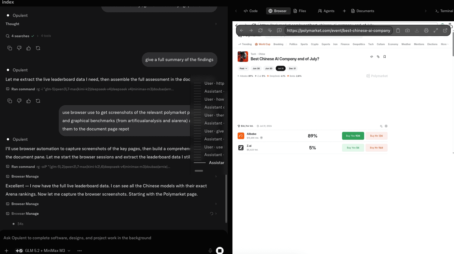 Opulent browser session on the live Polymarket market