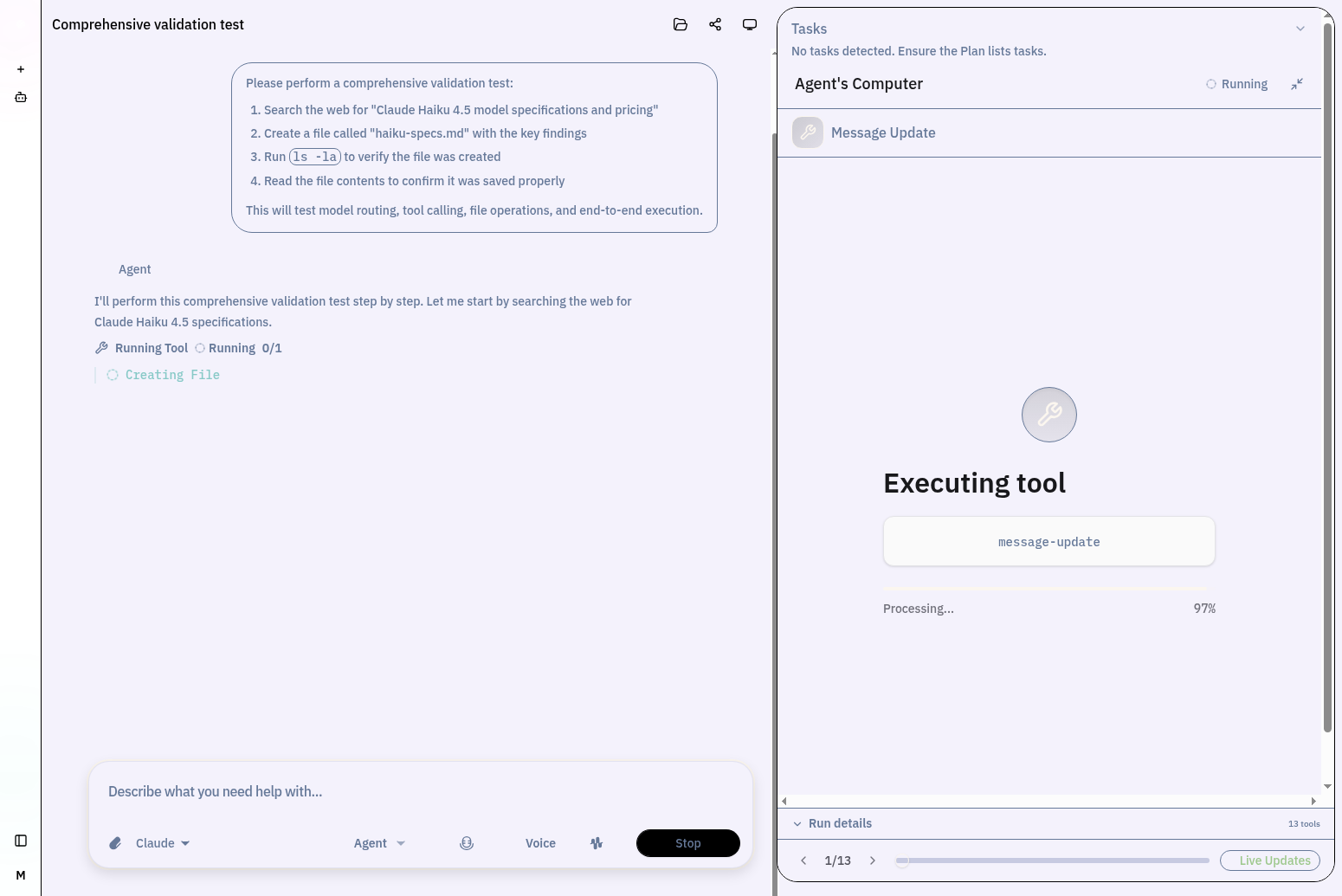Opulent OS Agent Builder interface showing universal agent creation