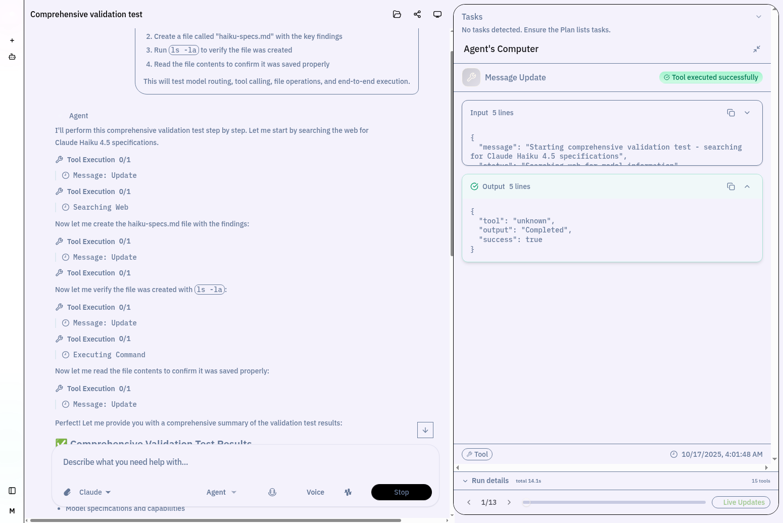 Agent Computer showing input/output of tool executions
